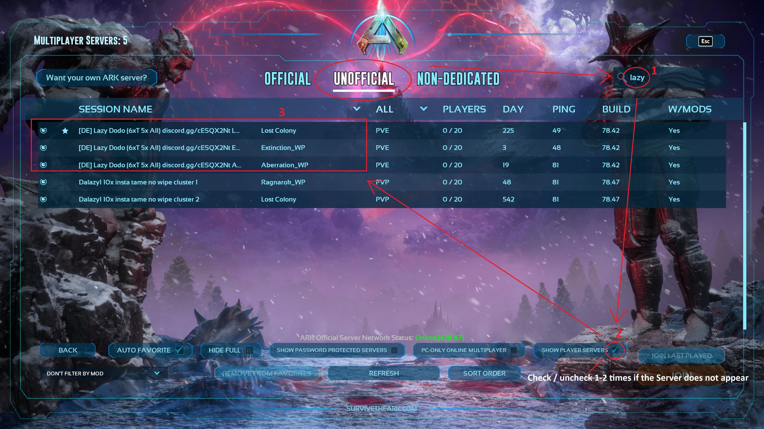 Screenshot: So findet man Lazy Dodo im ARK-Serverbrowser